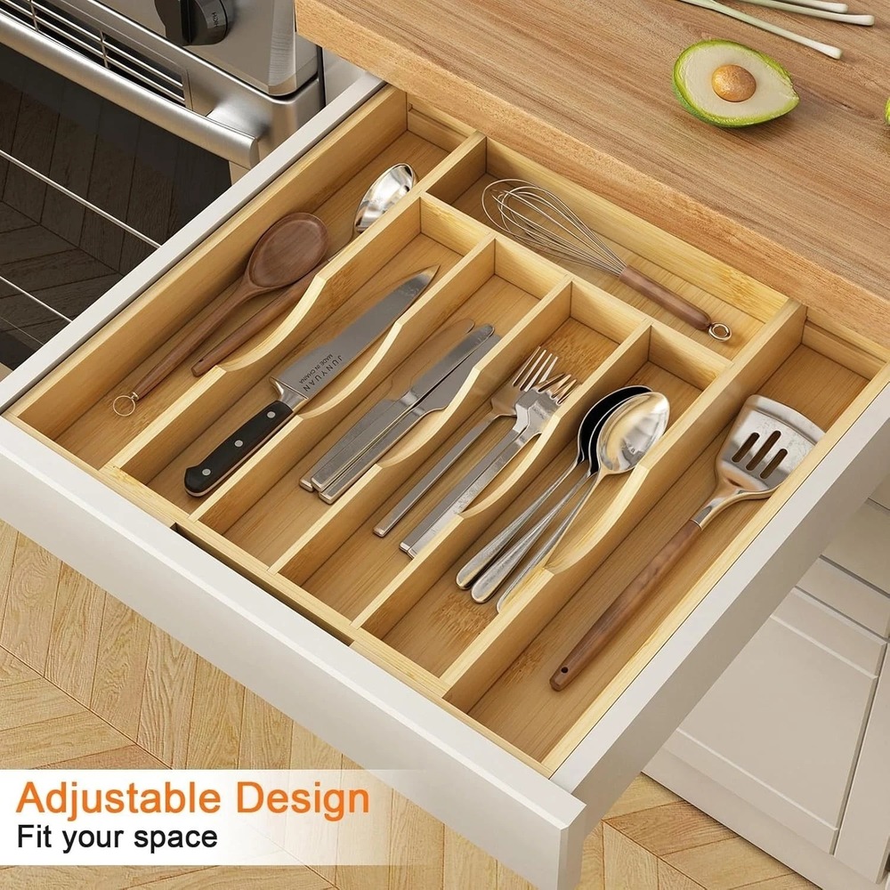 Bamboo Flatware Utensil Tray Drawer Kitchen Organizer Storage (9-Slots)